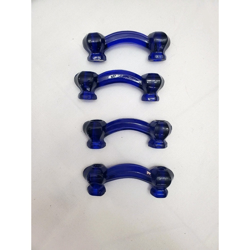 Vtg 4 PC Hexagon Blue Glass 4" Bridge Handles Set Drawer Pull Hardware Antique